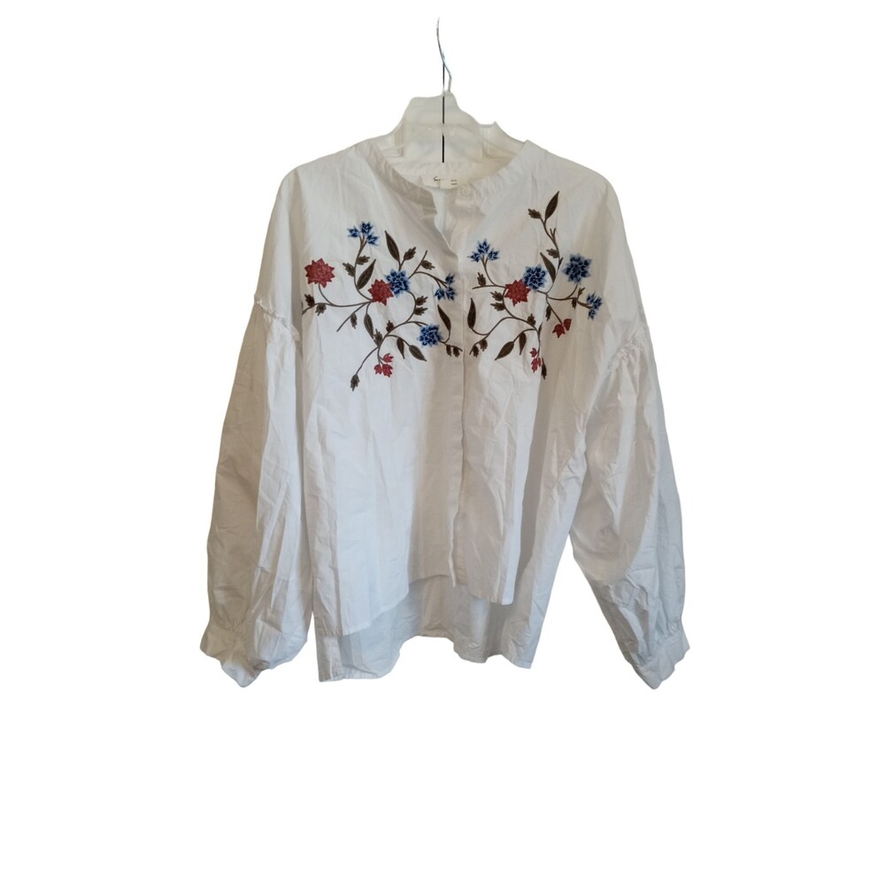 Two by Vince Camuto White Floral Embroidered Balloon Sleeve Blouse - XL